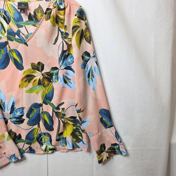 Worthington Women's Blouse Top Size M Long Sleeve Floral Wide Cuff V-Neck Peach - Picture 4 of 8